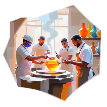 A glassblowing factory filled with natural light streaming through large windows. Several artists with various skin tones are actively engaged in shaping molten glass, which glows with an orange hue. One artist, wearing safety goggles and a protective apron, is using a blowpipe to inflate a piece of glass into an elegant shape. Another artist is focused on twisting a vibrant piece of glass into intricate patterns using specialized tools. Shelves around the factory display finished decorative pieces, including vases and sculptures, showcasing a range of colors and forms. The atmosphere is lively with the sounds of tools clinking and the furnace crackling.
