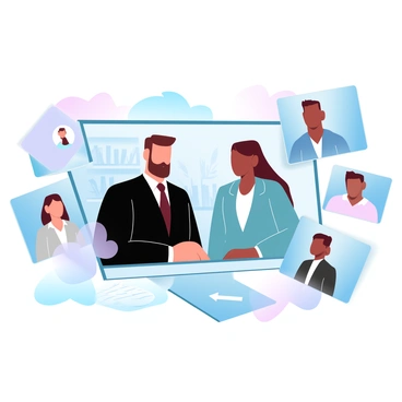 A diverse group of businesspeople is engaged in a video call. Two individuals are visible on the screen, one wearing a dark suit and the other in a blazer, both focusing intently on their discussion. In the background, a modern workspace with plants and a bookshelf adds depth to the scene. Four additional participants appear on smaller screens, each in their respective environments, showcasing various attire and settings. A laptop and some notes are placed in front of the main speaker, highlighting the collaborative atmosphere of the meeting.