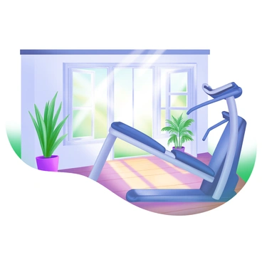 A bright room filled with sunlight filtering through large open windows. In the center of the room is a leg extension machine, positioned to face the windows. The sunlight creates soft shadows on the floor, highlighting the machine's sleek design. Surrounding the machine are light-colored walls adorned with potted plants, adding a touch of greenery to the space. A wooden floor reflects the sunlight, enhancing the overall warmth of the room.