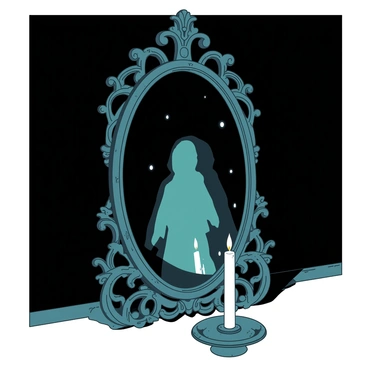 An ornate mirror with a beautifully intricate frame stands against the dark wall of a dimly lit room. The mirror's surface is slightly tarnished, giving it a vintage look. In the center of the mirror, there is a ghostly reflection of a faint figure, vaguely humanoid, with wispy edges that blend into the surroundings. The room is filled with shadows, and the light source comes from a flickering candle on a small table beside the mirror. Dust particles float through the air, catching the candlelight.