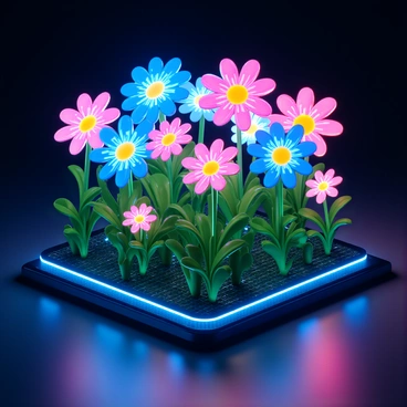 A vibrant garden filled with digital flowers, each with glowing petals in a variety of colors such as blue, pink, and green. The flowers are uniquely designed with pixelated edges and flickering lights, giving them a futuristic appearance. Intertwined among the flowers are data vines that resemble circuit lines, with a luminous quality that weaves through the garden, symbolizing connectivity. The ground is a sleek surface resembling a circuit board, with subtle patterns that suggest a digital environment. The overall atmosphere is bright and visually stimulating, reflecting the concept of the growth of information through the intranet.