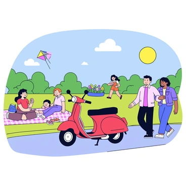 A moped leisurely gliding through a spacious city park with people enjoying a sunny day