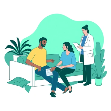 A teal room is softly lit, and two people are sitting on a white couch, facing each other. The first person, wearing a yellow shirt, is leaning forward with an engaged expression. The second person, dressed in a blue blouse, is looking thoughtful, holding a small notepad in their lap. In the background, a psychologist in a white lab coat observes discreetly, taking notes on a white clipboard. There are several cushions on the couch, and a potted green plant is placed in the corner, adding a touch of nature to the scene.