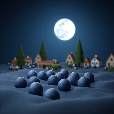 A group of neutrophils, resembling small, round, white blood cells, are depicted in a 3D render. They are clustered together, with distinct textured surfaces and varying shades of light to dark cells. The setting is under a moonlit sky, where the moon casts a soft, silvery light, illuminating the cells. In the background, there are elements that resemble a tiny, stylized village, with small houses and trees. The neutrophils appear vigilant, positioned in defensive stances as if standing guard over this village, ready to protect it. The atmosphere conveys a sense of watchfulness and unity.