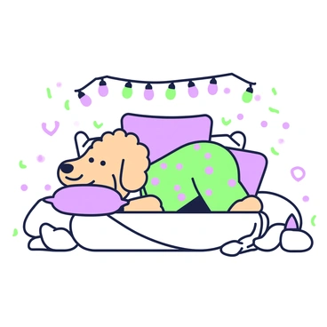 A goldendoodle with fluffy fur is lying comfortably among an arrangement of soft pillows. The dog is wearing colorful pajamas that fit snugly around its body. Surrounding the goldendoodle, there are various sizes of pillows stacked both behind and beside it, creating a cozy nest. Delicate fairy lights are draped overhead and twinkling softly, casting a gentle glow around the scene. The atmosphere is inviting and warm, with the dog looking content and relaxed.