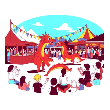 A vibrant rural fair scene is set under a clear blue sky, with colorful banners and stalls lining the area. In the center, a vivid red and yellow barongsai performance captivates the audience. The dancers, dressed in intricate red and yellow dragon costumes, move gracefully, mimicking the movements of the lion. Surrounding them, a crowd of excited spectators claps and cheers, some holding snacks from nearby food stalls. Colorful decorations are draped from the tents, and children in the audience watch in awe. In the background, there are games and rides that enhance the festive atmosphere.