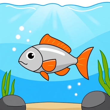 A small, colorful minnow with a shimmering silver body and bright orange fins swims energetically through the water. The minnow's large, inquisitive eyes are wide open, reflecting its curiosity. Surrounding the fish are numerous bubbles of various sizes, floating gently upwards towards the water's surface. The background is composed of vibrant shades of blue, representing the water, with hints of green from aquatic plants swaying softly. The light dances on the surface, creating a dappled effect in the water.