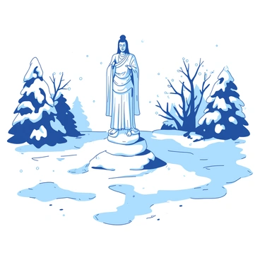 A white Adiyogi statue stands majestically in the center of a snowy landscape. The ground is covered in thick, untouched snow, glistening under the soft light. Gentle snowflakes are falling from the sky, creating a serene atmosphere. In the background, there are snow-covered trees with branches weighed down by the snow. The overall scene conveys a sense of tranquility amidst the winter wonderland.