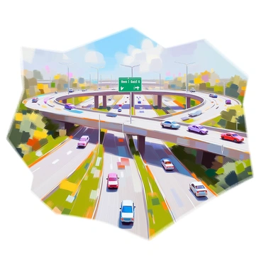 An illustration of a complex highway interchange showcasing multiple interconnected ramps and lanes. The interchange features several funnels where various highways converge, with clear directional signs indicating "North," "South," "East," and "West." Each ramp is labeled with its respective destination, and vehicles in different colors are depicted traveling along the roads. The scene includes green grass and trees lining the sides of the highways, adding a touch of nature to the infrastructure. The sky is clear, creating a bright and vibrant atmosphere.