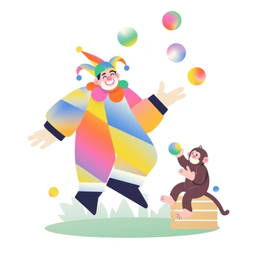 A jovial jester with a bright, multi-colored costume is juggling several colorful balls in mid-air. His face is adorned with a wide smile, and his pointed hat features long, vibrant ribbons. Beside him is a playful monkey with a fluffy tail and large expressive eyes, watching the juggling act with excitement. The monkey is sitting on a small, wooden crate, holding one of the balls in its tiny hands, ready to join the fun. The ground is covered with a soft, green grass, and a few scattered balloons can be seen in the background, adding to the festive atmosphere.