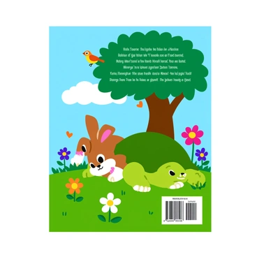 The back cover of a storybook features a whimsical illustration of "the tortoise and the hare" resting together under a large, leafy tree. The tortoise has a smooth, green shell and a gentle expression, lying comfortably on the grass. The hare, with soft, fluffy fur in shades of brown and white, is leaning casually against the tortoise, appearing relaxed. Brightly colored flowers in various shapes and sizes bloom around them, adding a lively touch to the scene. A small bird sits on a branch above, singing cheerfully. A light blue sky with fluffy white clouds completes the backdrop.