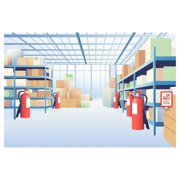 A large warehouse with high ceilings and expansive open space is visible. Rows of metal shelves filled with various boxes and supplies line the walls. The floor is polished concrete, and large industrial windows let in natural light. Strategically placed throughout the warehouse are several bright red fire extinguishers mounted on the walls, each clearly visible and labeled. A few safety signs indicating exit routes and fire safety instructions are also positioned around the warehouse. The atmosphere is organized and functional, showcasing a well-maintained storage environment.