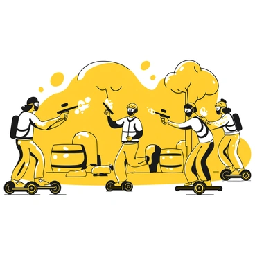 A group of four friends is actively engaged in a game of paintball. Each friend is riding a mini Segway, maneuvering quickly to avoid paintball splatters. The friends wear protective gear, including masks and vests, with some splashes of yellow paint on their outfits. One friend is aiming a paintball gun while another is crouched behind a barrier made of barrels. In the background, there are trees and obstacles arranged to create a lively paintball arena. The scene conveys excitement and movement as the friends play together.