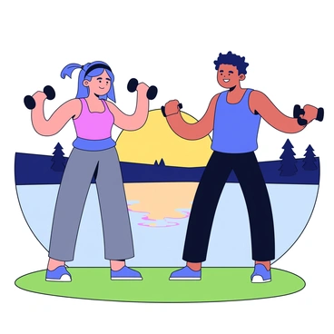 A couple is performing bicep curls together, each holding a dumbbell in their hands. The man is wearing a blue tank top and black shorts, while the woman is dressed in a pink sports bra and gray leggings. They stand on a grassy area next to a lake. In the background, the sun is setting, casting an orange and pink glow across the sky and reflecting on the water's surface. Silhouettes of trees can be seen along the lake's edge. The couple is focused on their workout, demonstrating teamwork and determination.