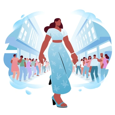 A modern Indian woman is walking confidently down a bustling city street. She is wearing a stylish fusion outfit, which combines traditional and contemporary elements, showcasing intricate patterns and vibrant colors. The street is filled with a diverse crowd of people, including vendors and pedestrians, adding to the lively atmosphere. Tall buildings and colorful shopfronts line the street, contributing to the urban environment. The sun is shining brightly, casting dynamic shadows on the pavement as the woman strides forward.