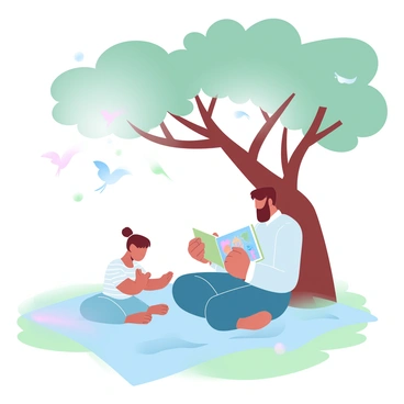 A father is sitting on a picnic blanket spread out beneath a large, leafy tree. He is holding an open storybook in his hands, with colorful illustrations visible on the pages. The child, who is sitting cross-legged beside him, is looking attentively at the book. Sunlight filters through the tree branches, casting playful shadows on the grass around them. A few small birds can be seen perched on the tree branches above, adding to the peaceful atmosphere.