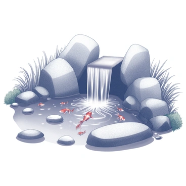 A small waterfall flows gently, with water cascading down smooth rocks into a serene koi pond. The pond is filled with koi fish swimming gracefully beneath the surface. Surrounding the pond, lush greenery frames the scene, creating a natural setting. The movement of the water adds a dynamic element, with droplets splashing and creating ripples in the pond.