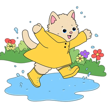 A playful kitten with fluffy fur and bright blue eyes is dashing through several puddles. The kitten is wearing a vibrant yellow raincoat that fits snugly, and shiny yellow rubber boots on its paws. Water splashes around the kitten as it jumps from one puddle to another, creating droplets that catch the light. The background features a lively scene with colorful flowers and a clear blue sky, adding to the cheerful atmosphere. The kitten's tail is playfully raised high as it enjoys the rainy day.