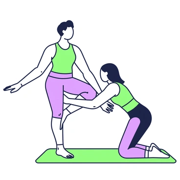 Two people are engaged in paired pilates exercises on a mat. On the left, a person with short hair is balancing on one leg, extending their arms out for support. This person is wearing a fitted tank top and exercise leggings. On the right, another individual with long hair is crouching slightly and using their hands to stabilize the first person's balance while maintaining a strong posture. Both individuals are focused on their movements, showcasing teamwork and coordination. A light source creates soft shadows on the mat beneath them.