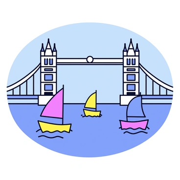 Several small boats are sailing beneath "London Bridge" on a clear day. The boats are brightly colored, with sails catching the gentle breeze. The "London Bridge" is depicted with its characteristic architecture, standing tall and arched above the water. The sky is clear and blue, enhancing the vibrant scene. Reflections of the boats and bridge can be seen in the calm water below, adding depth to the composition.