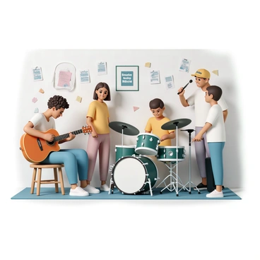 A small group of four friends is gathered inside a garage, surrounded by various musical instruments. A young man with curly hair is seated on a wooden stool, playing an electric guitar with a focused expression. Next to him, a woman with long brown hair is standing, playing a keyboard and smiling as she contributes to the music. On the other side, a man with a baseball cap is drumming enthusiastically on a set of drums, while a girl with short hair is singing into a microphone. The garage is filled with scattered music sheets and a few posters of famous bands on the walls, creating an energetic atmosphere.