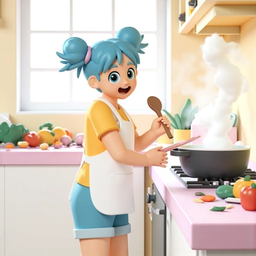 An anime character, with bright blue hair styled in twin tails, is joyfully cooking in a lively kitchen. They are wearing a white apron over a yellow shirt and denim shorts. The character has large, expressive eyes, and a wide smile, creating an energetic atmosphere. The kitchen is filled with colorful ingredients on the counter, including vibrant vegetables and spices scattered around. A pot on the stove is bubbling, generating steam, while the character holds a wooden spoon, stirring the contents enthusiastically. Bright sunlight streams in through the window, illuminating the cheerful scene.