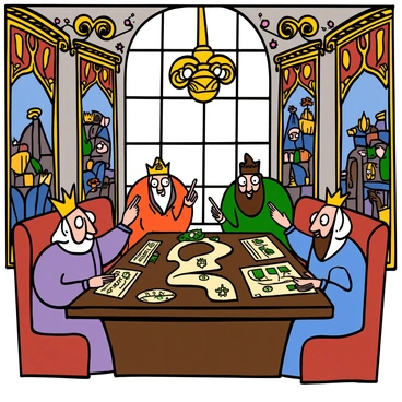 A grand hall with high ceilings and ornate chandeliers, featuring a long, wooden table at the center. Around the table, several advisors with big eyes are seated, wearing elaborate, richly colored robes adorned with intricate patterns. Each advisor has a distinct appearance; one has long white hair, another has a long beard, and a third has a crown on their head. They are engaged in animated discussions, pointing at scrolls and maps spread out on the table. The walls of the hall are adorned with tapestries depicting historical events, and large windows let in shafts of light, illuminating the scene.