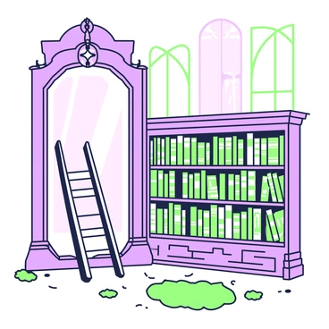 An old library features a grand mirror that reflects rows of ancient books lining the wooden shelves. The shelves are tall and ornate, showcasing a variety of book spines with intricate designs. In front of the shelves, there is a rolling ladder made of polished wood, positioned at an angle for easy access to the higher shelves. Soft light filters through tall windows, illuminating the dust particles in the air. Scattered around the floor, there are plush rugs that enhance the warm atmosphere of the space.