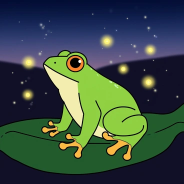 A vibrant green tree frog perched on a broad green leaf. Its skin glistens with moisture, showcasing its smooth texture. Surrounding the frog are small, glowing fireflies that emit a soft yellow light, creating a magical ambiance in the evening dusk. The background features darkening shades of blue and purple as the sun sets, enhancing the scene's enchanting atmosphere. The frog's large, expressive eyes reflect the gentle glow of the fireflies, adding to the charm of the moment.