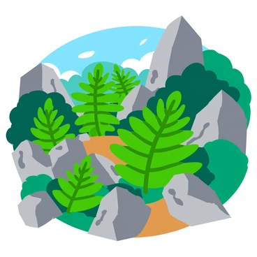 A collection of lush green ferns growing in various sizes between gray rocks on a mountain trail. The rocks are rugged and uneven, showcasing a mix of textures and shapes. Sunlight filters through the trees above, casting soft shadows on the ground. The ferns have delicate, feathery leaves that contrast with the rough surfaces of the rocks. The scene conveys a sense of growth and persistence, highlighting the ferns' ability to thrive in a challenging environment.