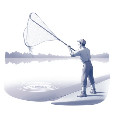 A fisherman stands near the edge of a tranquil body of water. He is wearing a simple outfit suitable for fishing, with rolled-up sleeves and sturdy boots. The fisherman is in the act of casting a large, intricate net into the water, with his arm extended and the net unfurling gracefully through the air. In the background, the outline of distant trees can be seen against the horizon. The first light of dawn casts soft shadows and highlights the surface of the water, rippling gently where the net touches down. The scene conveys a sense of purpose and dedication, embodying the routine of daily life.