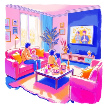A cozy living room features plush sofas and a warm color palette. On the walls, "Oscar-themed decor" includes framed movie posters and gold accents. A large flat-screen television is mounted, displaying the awards ceremony. A family, consisting of two adults and two children, is seated together on the sofa, engaged in watching the event. The coffee table is adorned with popcorn in a striped bowl, drinks, and a small trophy. Soft lighting from a nearby lamp creates a welcoming ambiance. A plush rug lies beneath the coffee table, adding to the comfort of the space.