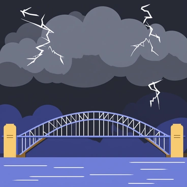 Dark storm clouds gather ominously over the "Sydney Harbour Bridge." The clouds are thick and gray, creating a dramatic backdrop as they swirl overhead. Bright "bolts of lightning" strike through the clouds, illuminating the scene with flashes of white and blue light. The "Sydney Harbour Bridge" stands strong beneath the storm, showcasing its iconic arch and steel structure. The water of the harbor reflects the dark clouds and the bright flashes of lightning, adding intensity to the overall image.