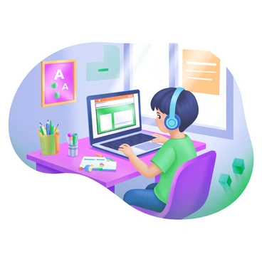 A child sitting at a desk in a cozy room, attending an online class. The child has a laptop open in front of them, displaying an educational presentation. Brightly colored school supplies are scattered on the desk, including colorful notebooks, pencils, and markers. A cheerful poster hangs on the wall, featuring letters and numbers. The child is wearing headphones and focused on the screen, with sunlight streaming through a nearby window, illuminating the scene.