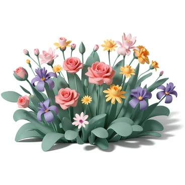 A vibrant garden filled with a variety of flowers in different stages of bloom. The flowers include bright red roses, sunny yellow daisies, and deep purple irises. Some flowers are fully open, showcasing their petals, while others are just beginning to bud. The garden is lush with greenery, featuring rich green leaves and vibrant stems. Sunlight filters through the leaves, casting soft shadows on the ground, creating a sense of depth and warmth in the scene.