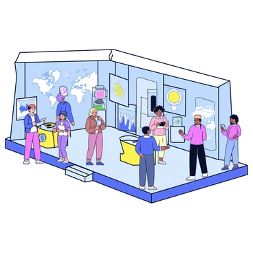 A futuristic museum building with sleek glass walls and a metallic structure. Inside, there are several interactive exhibits featuring touchscreen displays and holographic images depicting various aspects of today’s world. One exhibit shows a map of the globe with real-time climate data, while another features life-sized figures demonstrating modern technology. Visitors, including a diverse group of people, are engaged with the exhibits, some using tablets to interact with the displays. The lighting is bright and emphasizes the innovative design of the museum.