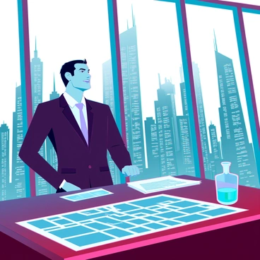 A corrupt mayor with an unkempt appearance, wearing a tailored dark suit, stands in a luxurious office. He has slicked-back hair and a smug expression as he peers out of a large, floor-to-ceiling window. The skyline of a bustling city is visible in the background, filled with tall skyscrapers and twinkling lights. The office is richly furnished, featuring a polished mahogany desk cluttered with papers and a crystal decanter. A large city map is spread out beside him, indicating his power and control over the urban landscape.