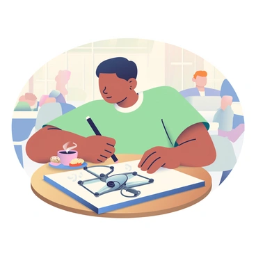 An artist with light brown skin and short black hair is sitting at a round wooden table in a café. The artist is focused on drawing in a large sketchbook that is open in front of them. They are holding a black pencil in their right hand, and the sketchbook features a detailed illustration of a large drone with multiple propellers and a sleek design. A steaming cup of coffee sits on the table next to the sketchbook, and there are pastry items on a small plate beside the cup. The café has warm lighting and wooden accents, with other patrons visible in the background.