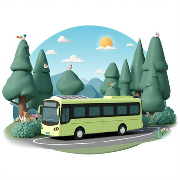 An electric bus with a sleek, modern design in bright green, showcasing solar panels on its roof. It is parked on a winding road surrounded by dense, lush greenery, including tall trees and vibrant shrubs. Various wildlife, such as colorful birds perched on branches and a curious deer peeking from behind a bush, can be seen nearby. Sunlight filtering through the trees casts dappled shadows on the ground, enhancing the scene's vibrant atmosphere. A clear blue sky overhead completes the eco-friendly theme.