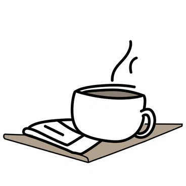 A white cup filled with steaming coffee sits on a brown wooden table. The steam rises from the cup, creating delicate swirls in the air. Beside the cup, there is a folded newspaper with visible text and images. The wooden table has a natural finish, highlighting its grain and texture.