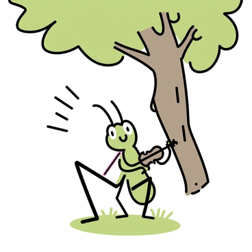 A green grasshopper, with elongated legs and large compound eyes, is standing on a patch of grass. It is holding a tiny violin with its front legs and appears to be playing it enthusiastically. The grasshopper is positioned under a sturdy tree with a thick trunk and a canopy of broad green leaves. Sunlight filters through the leaves, casting dappled shadows on the ground around the grasshopper.