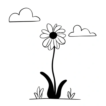 A single dead daisy with wilted petals standing tall in an empty field. The field is scattered with dry grass, and the background features a cloudy sky with various shades of grey clouds. The atmosphere is still, with no other flowers or plants in sight, emphasizing the solitary presence of the daisy.