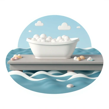 A bubble-filled bathtub placed on a wooden pier by the sea