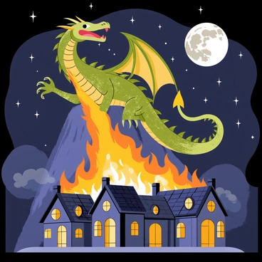 A ferocious dragon breathing fire on a medieval village at night