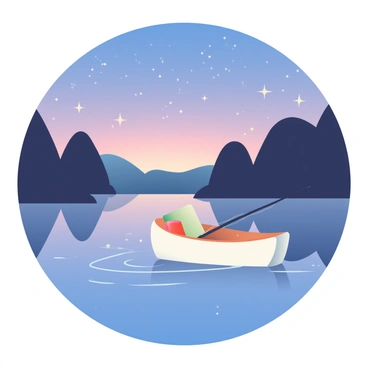 A tranquil lake is in the foreground, its surface reflecting a multitude of stars in the darkening sky. The colors of dusk create a soft gradient in the sky, transitioning from deep blue to hints of purple and gentle orange near the horizon. A small wooden boat, painted white, is gently drifting on the lake, creating subtle ripples in the water. In the boat, there is a single cushion, and a fishing rod rests against the side. Surrounding the lake are silhouettes of trees, their dark forms contrasting against the shimmering water.
