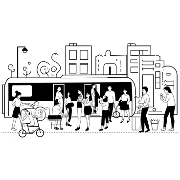A busy city street filled with various people. In the foreground, a group of diverse individuals is happily boarding an "energy-efficient electric bus." Some people are wearing casual clothing, while others are dressed in business attire. The bus features a sleek design with large windows and a prominent logo. Nearby, a cyclist passes by, and a vendor can be seen selling snacks from a small cart. Surrounding buildings show a mix of modern architecture and classic designs, creating an urban atmosphere. Trees and streetlights line the sidewalk, adding to the lively city environment.