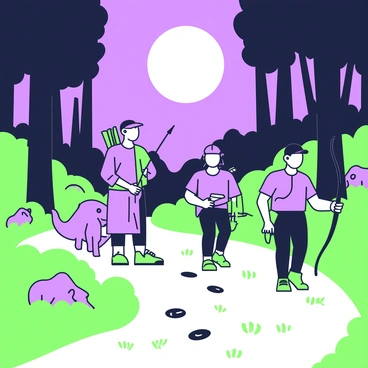 A group of hunters is moving silently through a forest at night. The full moon casts a bright light through the trees, illuminating the path ahead. Each hunter is dressed in dark clothing, blending into the shadows of the night. They carry bows and arrows, with quivers strapped to their backs. One hunter leads the group, scanning the surroundings with a focused expression. Another hunter kneels on the ground, examining tracks in the dirt. The forest is filled with tall trees and dense underbrush, creating a sense of depth and mystery. Some nocturnal animals can be seen peeking from behind bushes, adding life to the scene.