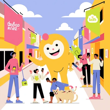 A lively cartoon-style illustration of a quirky scene inspired by a viral video. The image showcases a colorful, bustling street filled with animated characters engaging in humorous activities. In the center, a large mascot costume representing the brand is playfully interacting with children, who are laughing and taking photos. Brightly colored banners displaying the brand's logo can be seen hanging from nearby buildings. Various pets, such as a small dog wearing sunglasses and a cat with a playful expression, add to the whimsical atmosphere of the scene. The sky is bright blue with fluffy white clouds, enhancing the cheerful vibe of the illustration.