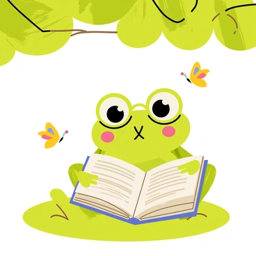 A scholarly frog wearing round glasses is sitting on a patch of green grass, immersed in reading a large, open book. The frog has a thoughtful expression, with its eyes focused on the text. The book is thick and filled with intricate illustrations. Above the frog, a broad tree with lush green leaves provides shade, and a few colorful butterflies flutter around the branches. Sunlight filters through the leaves, casting dappled shadows on the ground.