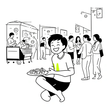 An Indian boy sitting on a bustling street corner, holding a plate filled with various street food items. He has a wide smile on his face, showing his enjoyment of the food. The boy is wearing a vibrant t-shirt and casual shorts. Around him, there are vendors with carts, and colorful banners fluttering in the breeze. The background features a mix of people walking, some stopping to look at the food, while others talk and laugh.